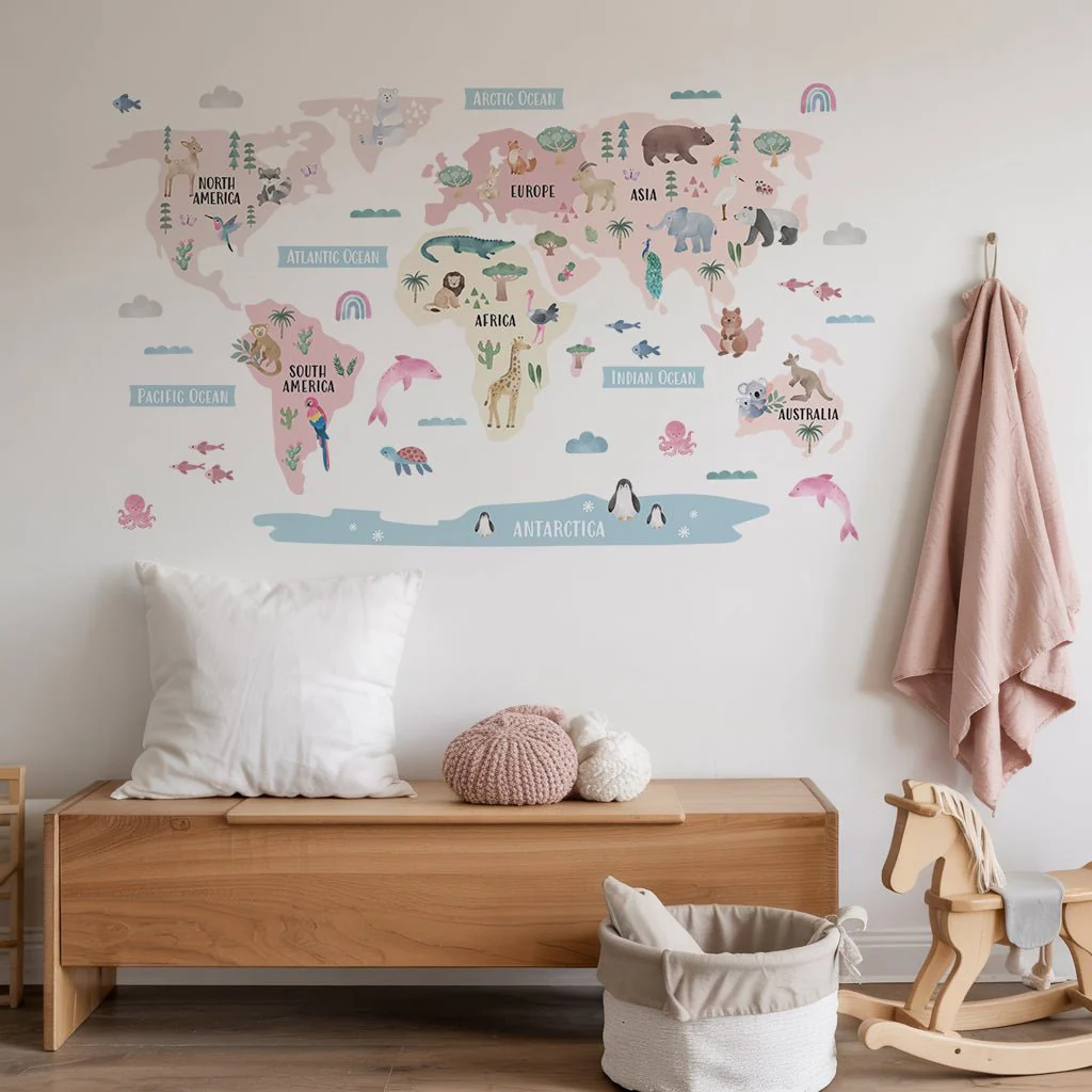 Animal World Map Nursery Wall Sticker - Blush - Image 4