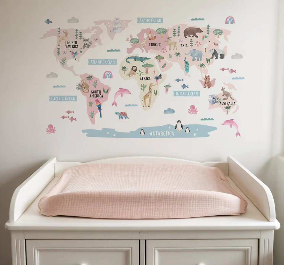 Animal World Map Nursery Wall Sticker - Blush - Image 7