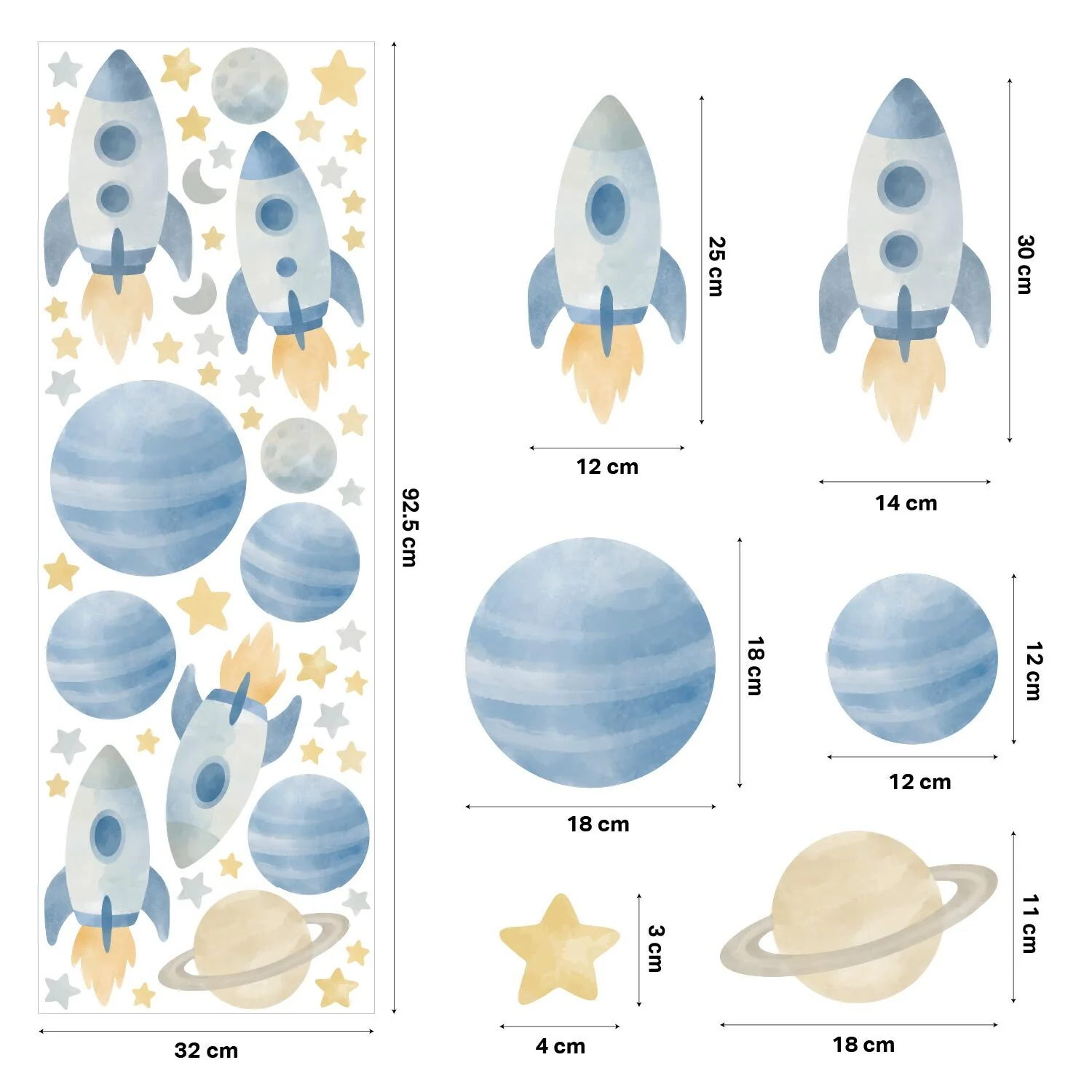 Watercolour Space Rocket Nursery Wall Stickers - Image 4